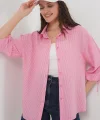 Çizgili Oversize Kısa Kol Gömlek 20296  Pembe