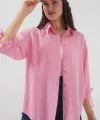 Çizgili Oversize Kısa Kol Gömlek 20296  Pembe
