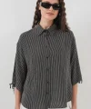 Çizgili Oversize Kısa Kol Gömlek 20296  Siyah