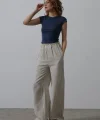 Çizgili Pamuklu Lastikli Pantolon - Bej-Lacivert