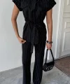 ÇİZGİLİ POLYVİSKON BLUZ - PANTOLON TAKIM - Siyah