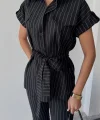 ÇİZGİLİ POLYVİSKON BLUZ - PANTOLON TAKIM - Siyah