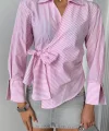 ÇİZGİLİ POPLİN KRUVAZE BAĞLAMALI GÖMLEK - Pembe