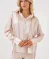 Çizgili Uzun Saten Gömlek 20291 - Bej