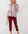 Çizgili Uzun Saten Gömlek 20291 - Bordo