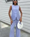 Çizgili Viscon Keten Yelekli Rahat Takım 10121