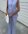 Çizgili Viscon Keten Yelekli Rahat Takım 10121