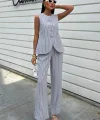 Çizgili Viscon Keten Yelekli Rahat Takım 10121
