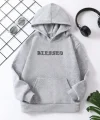 Çocuk Unisex Kapüşonlu Ön ve Arka Blessed Baskılı Pamuklu Sweatshirt - Gri