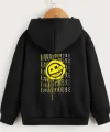 Çocuk Unisex Kapüşonlu Ön ve Arka Emoji Baskılı Sweatshirt - Siyah