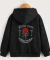 Çocuk Unisex Kapüşonlu Ön ve Arka Fiery Rose Baskılı Sweatshirt - Siyah