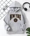 Çocuk Unisex Kapüşonlu Sarı New York Baskılı Pamuklu Sweatshirt - Gri