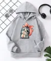 Çocuk Unisex Kapüşonlu Tatlı Kedi Baskılı Pamuklu Sweatshirt - Gri