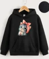 Çocuk Unisex Kapüşonlu Tatlı Kedi Baskılı Sweatshirt - Siyah