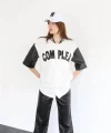 Complex Kolları Deri Kolej Oversize Tshirt  Beyaz
