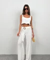 Crop Bluz Kemerli Pantolon Takım