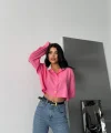 CROP GÖMLEK BEYAZ YAKA VE ETİKET DETAYLI - Pembe