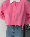 CROP GÖMLEK BEYAZ YAKA VE ETİKET DETAYLI - Pembe