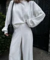 Crop, Pantolon Fitilli İkili Takım -Beyaz
