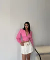CROP POPLİN GÖMLEK YAKA KENAR DANTEL DETAYLI - Pembe
