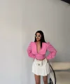 CROP POPLİN GÖMLEK YAKA KENAR DANTEL DETAYLI - Pembe