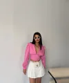CROP POPLİN GÖMLEK YAKA KENAR DANTEL DETAYLI - Pembe