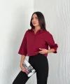Crop Yakalı Gömlek Üç Çeyrek Sleeve Kol - Bordo
