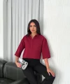 Crop Yakalı Gömlek Üç Çeyrek Sleeve Kol - Bordo