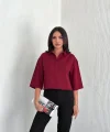 Crop Yakalı Gömlek Üç Çeyrek Sleeve Kol - Bordo