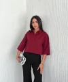 Crop Yakalı Gömlek Üç Çeyrek Sleeve Kol - Bordo
