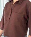 Crop Yakalı Gömlek Üç Çeyrek Sleeve Kol - Kahverengi