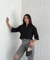 Crop Yakalı Gömlek Üç Çeyrek Sleeve Kol - Siyah
