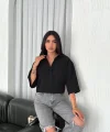 Crop Yakalı Gömlek Üç Çeyrek Sleeve Kol - Siyah