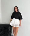 Dantel Beli Lastikli Şortlu Mini Etek - Beyaz