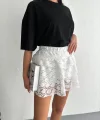 Dantel Beli Lastikli Şortlu Mini Etek - Beyaz