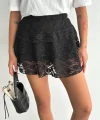 Dantel Beli Lastikli Şortlu Mini Etek - Siyah