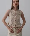 Dantelli Önü Bağlamalı Yelek - Natür