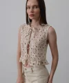 Dantelli Önü Bağlamalı Yelek - Natür