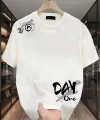 Day One Baskılı Oversize Bisiklet Yaka T-shirt - Beyaz
