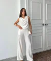 DEGAJE YAKA KOLSUZ BLUZ - PANTOLON TAKIM - Beyaz