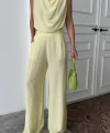 DEGAJE YAKA KOLSUZ BLUZ - PANTOLON TAKIM - Sarı