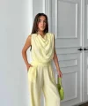 DEGAJE YAKA KOLSUZ BLUZ - PANTOLON TAKIM - Sarı