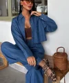 Denim Gömlek Plazzo Pantolon Takım 10163-08