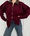 Deri Yakalı Pamuk dokulu Çift Taraflı Çalışan Fermuar Ceket - Bordo