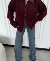 Deri Yakalı Pamuk dokulu Çift Taraflı Çalışan Fermuar Ceket - Bordo