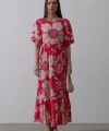 Desenli Balon Kol Kloş Elbise - Pembe