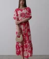 Desenli Balon Kol Kloş Elbise - Pembe
