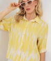 Desenli Kısa Kol Crop Gömlek 20337 - Sarı
