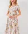 Desenli Kısa Kol Elbise 2558 - Krem