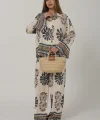 Desenli Kolları Volanlı Pantolon Takım - Antrasit